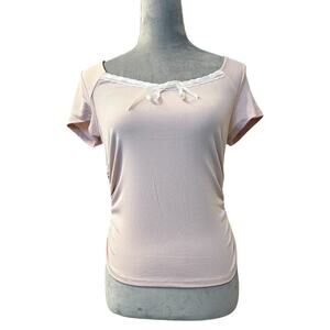 Just Polly Shirt Top Womens Large Pink Ribbed Lace Trim Bow Detail Ruched Side